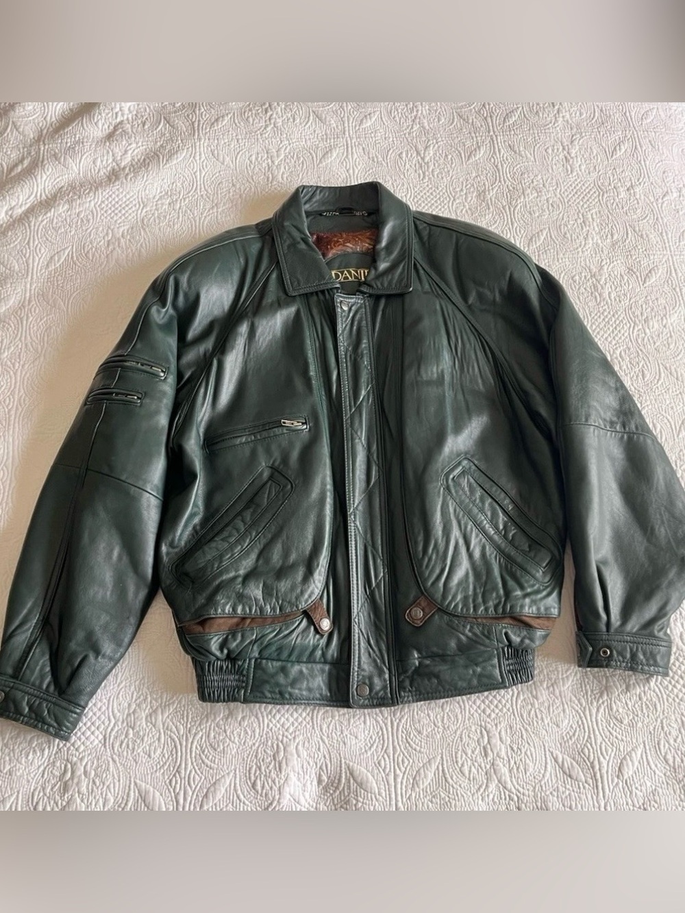Vintage Danier 80’s Dark Green Leather Bomber Jacket with Brown Trim - Size M